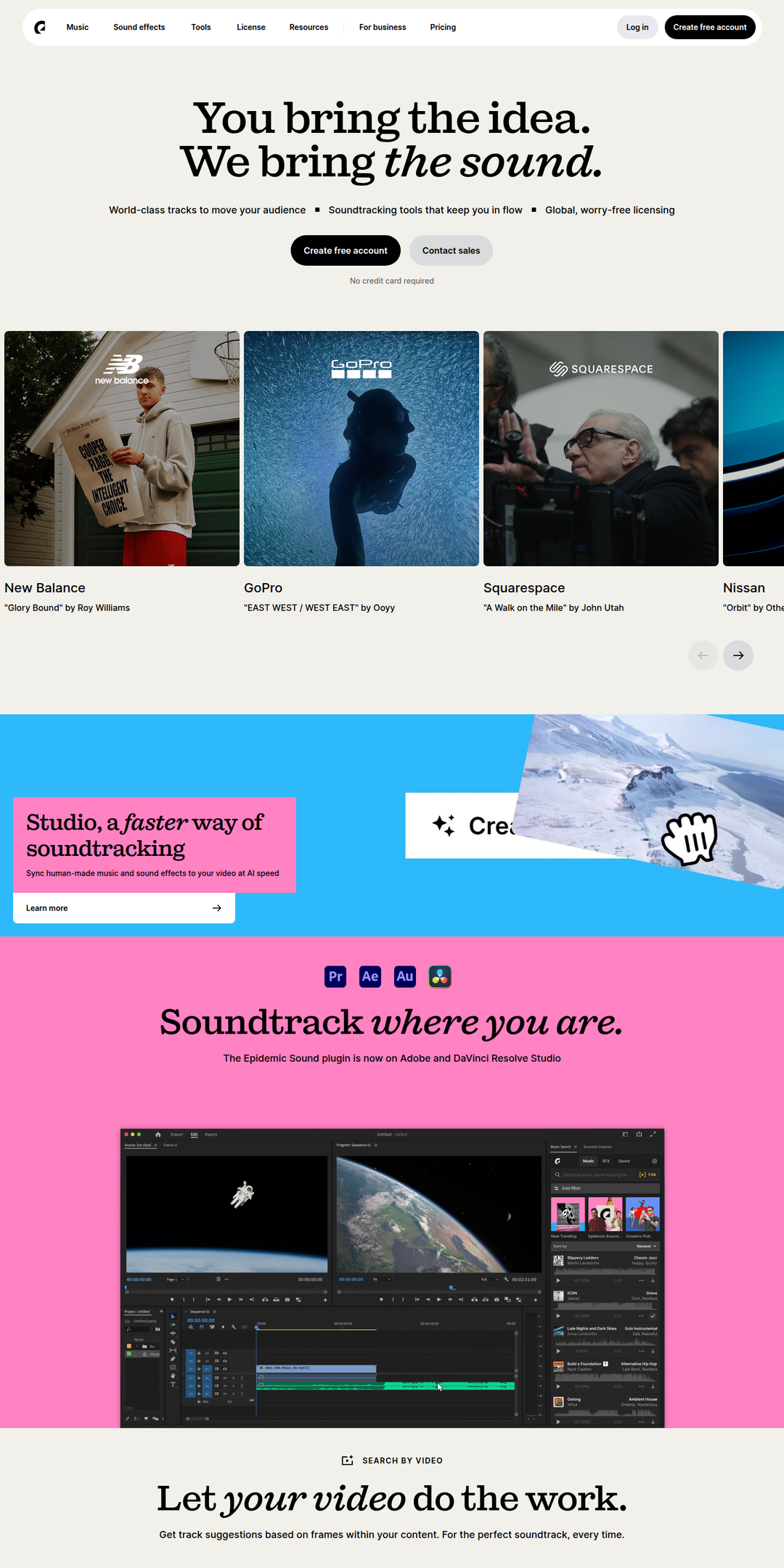 Home page of the Epidemic Sound website