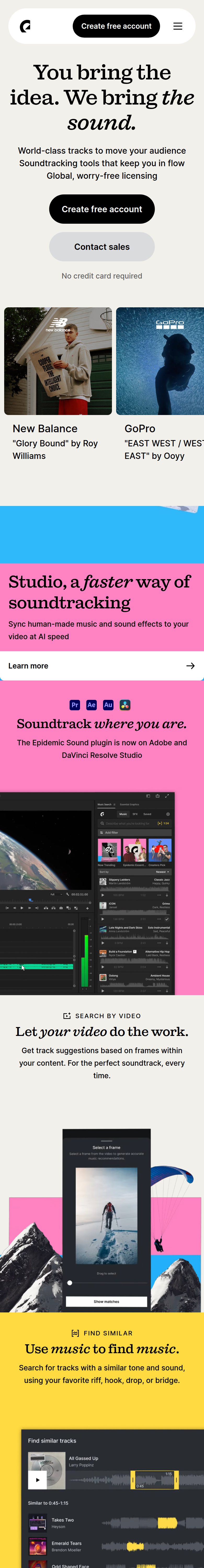 Home page of the Epidemic Sound website, on a phone