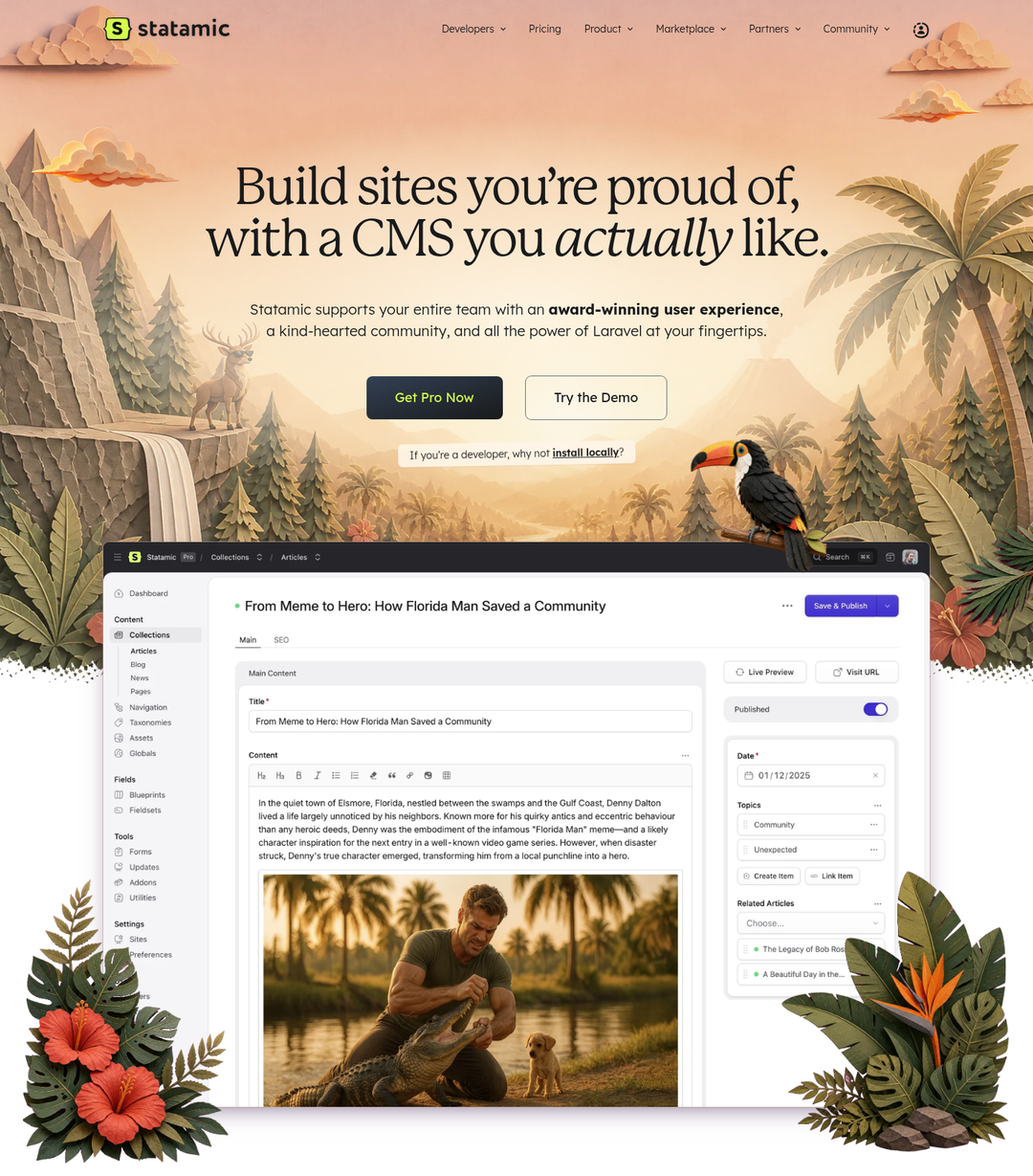 Build Sites You're Proud Of, with a CMS You Actually Like section from Statamic