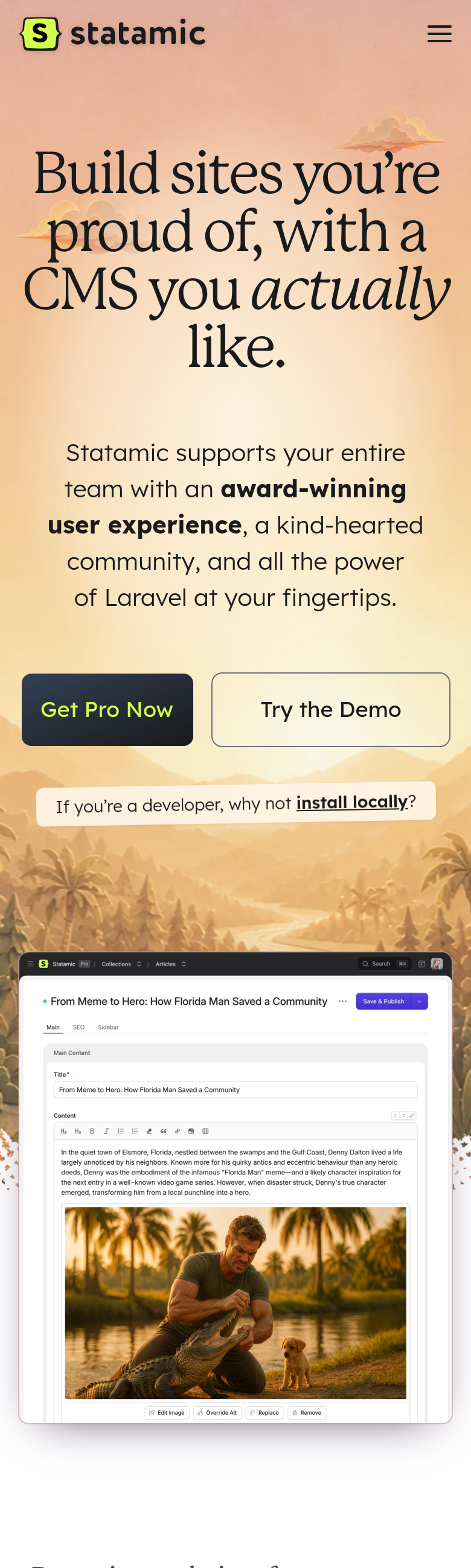 Build Sites You're Proud Of, with a CMS You Actually Like section from Statamic, on a phone