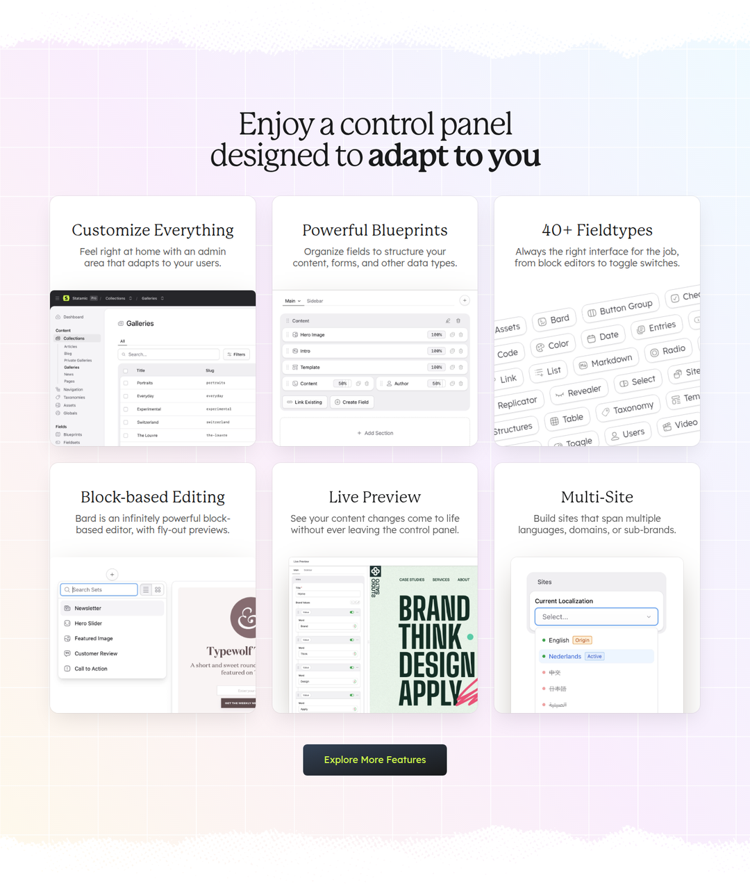 Enjoy a Control Panel Designed to Adapt to You section from Statamic