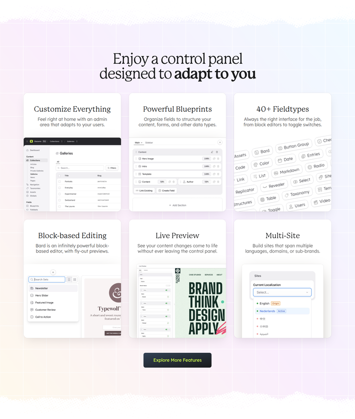 Enjoy a Control Panel Designed to Adapt to You section from Statamic