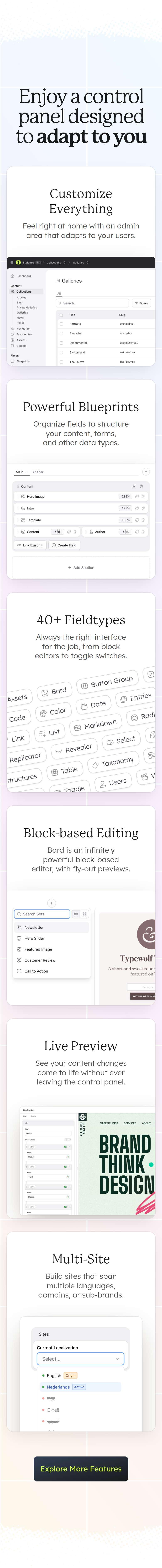 Enjoy a Control Panel Designed to Adapt to You section from Statamic, on a phone