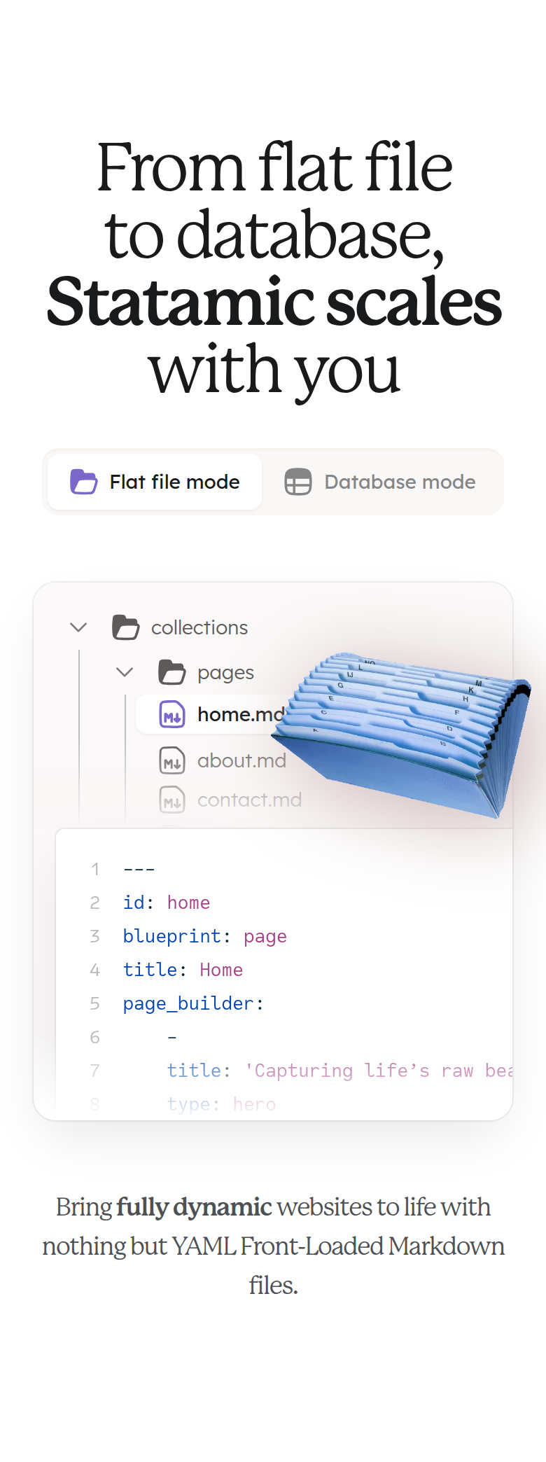 From Flat File to Database, Statamic Scales with You section from Statamic, on a phone