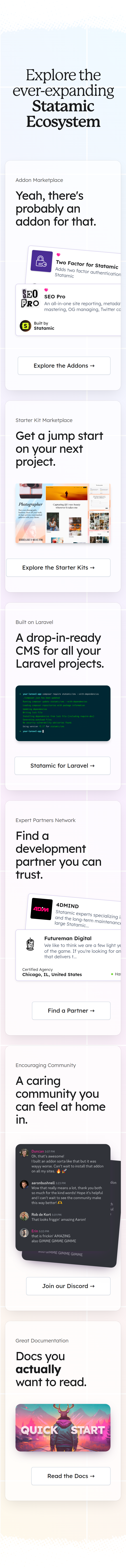 Explore the Ever-Expanding Statamic Ecosystem section from Statamic, on a phone