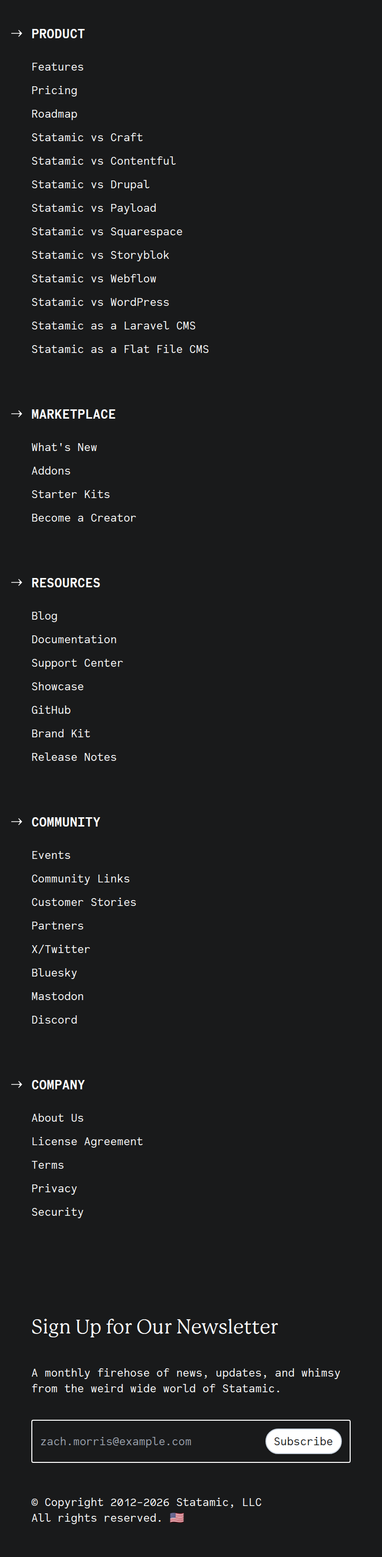 Sign Up for Our Newsletter section from Statamic, on a phone