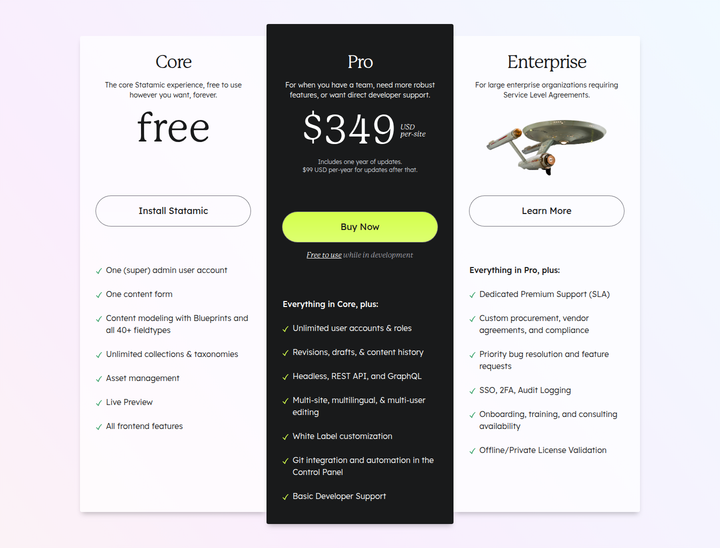 Pricing Plans section from Statamic