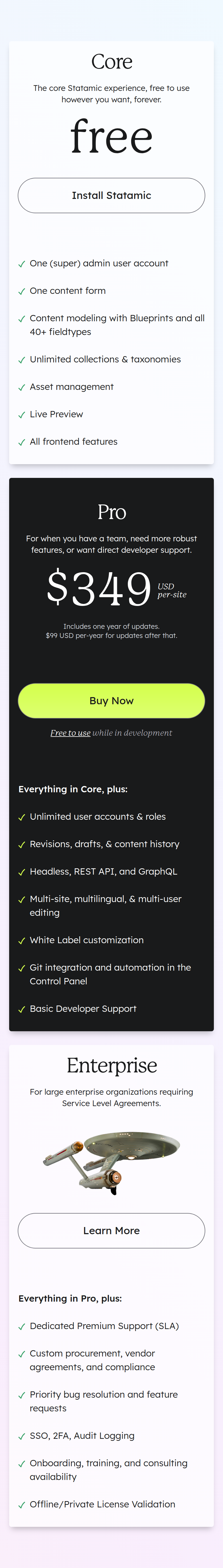 Pricing Plans section from Statamic, on a phone
