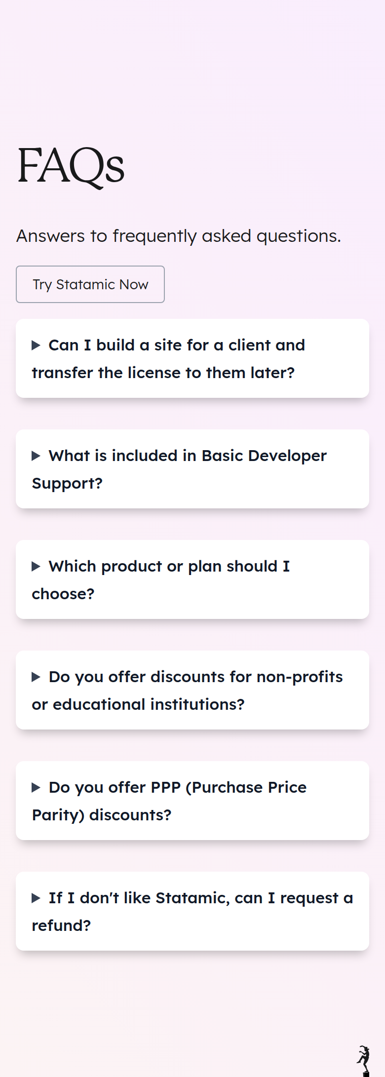 FAQs section from Statamic, on a phone