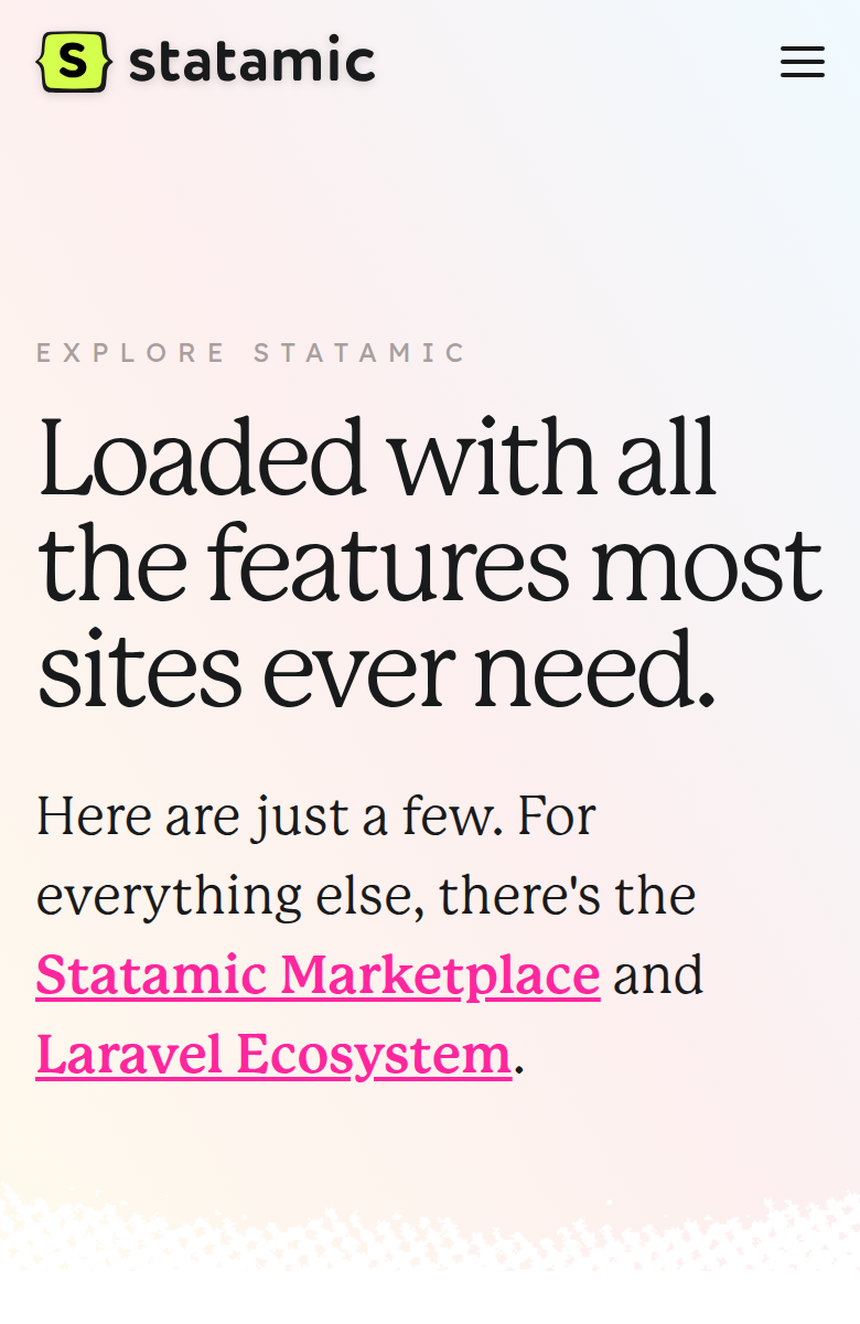 Loaded with All the Features Most Sites Ever Need section from Statamic, on a phone