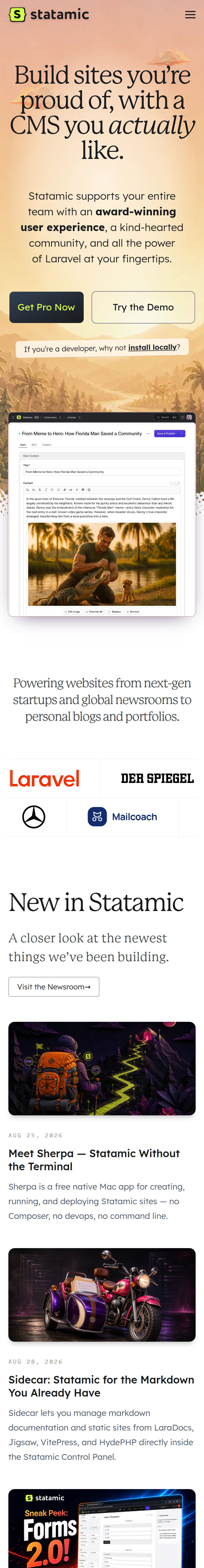 Home page of the Statamic website, on a phone