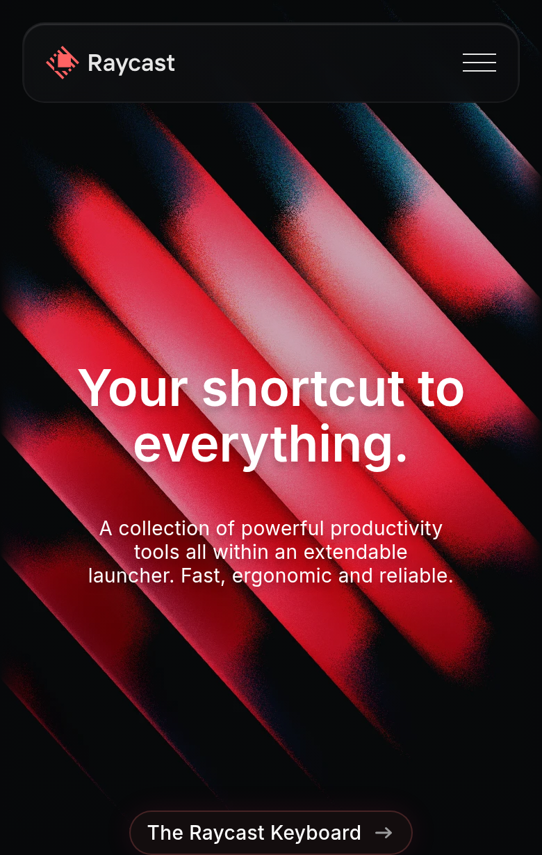 Your Shortcut to Everything section from Raycast, on a phone