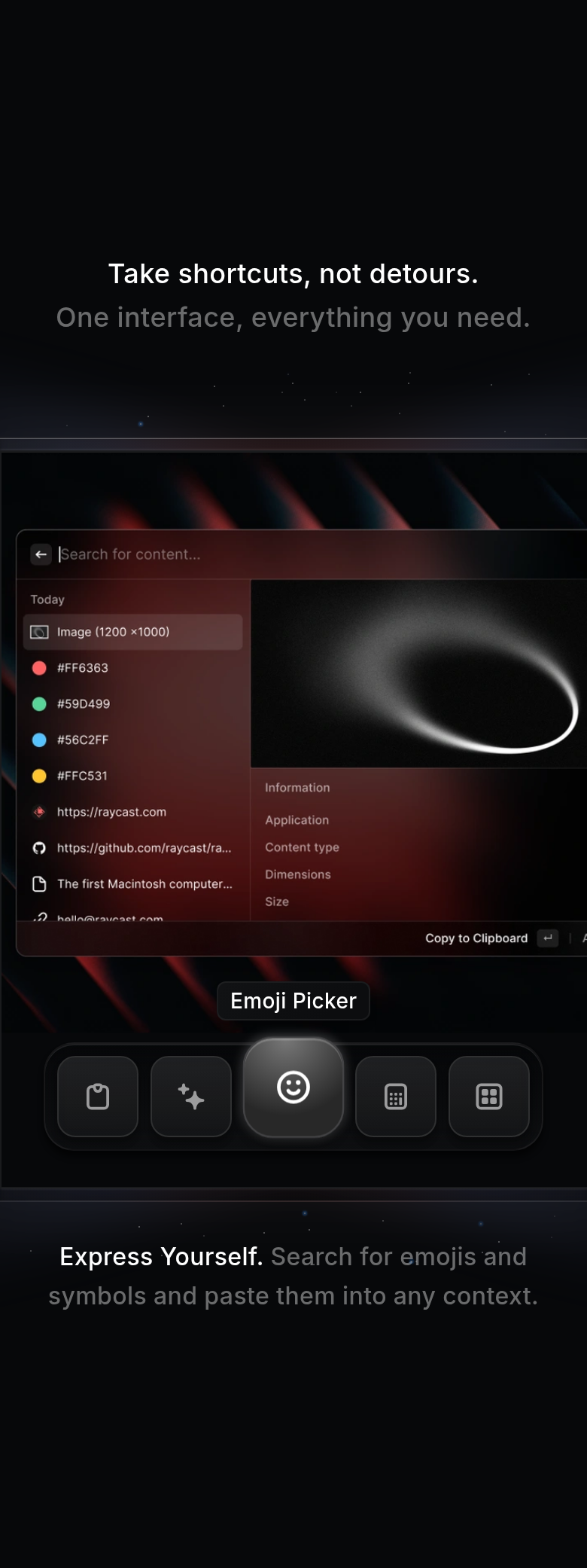 Take Shortcuts, Not Detours section from Raycast, on a phone