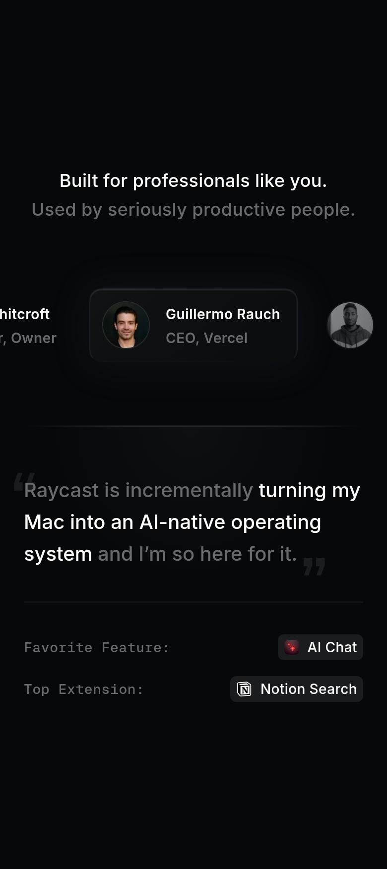 Built for Professionals Like You section from Raycast, on a phone