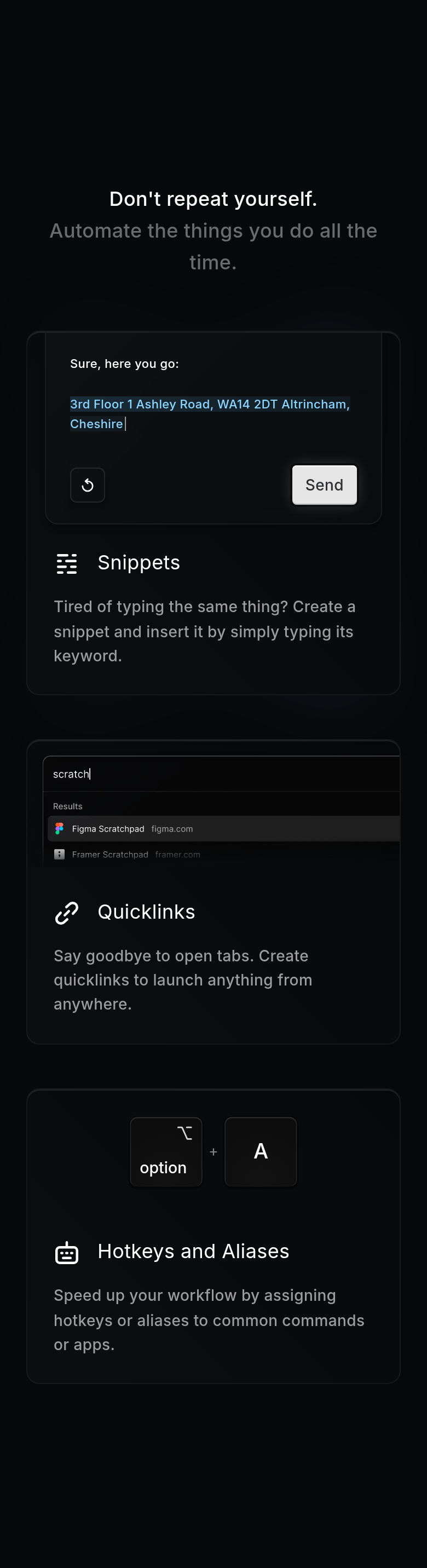 Don't Repeat Yourself section from Raycast, on a phone