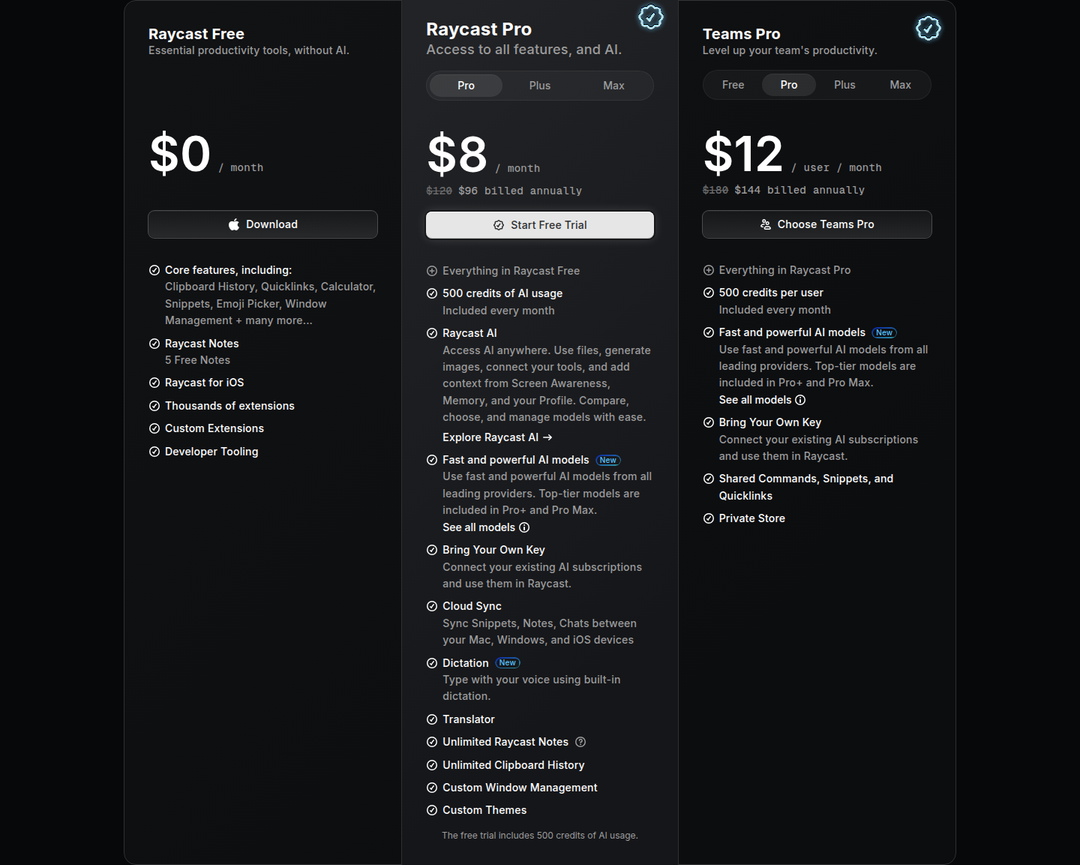 Free, Pro and Teams Pro Plans section from Raycast