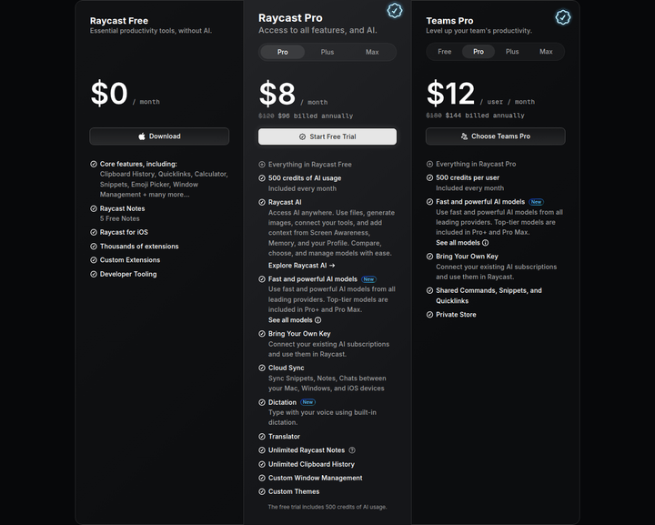 Free, Pro and Teams Pro Plans section from Raycast