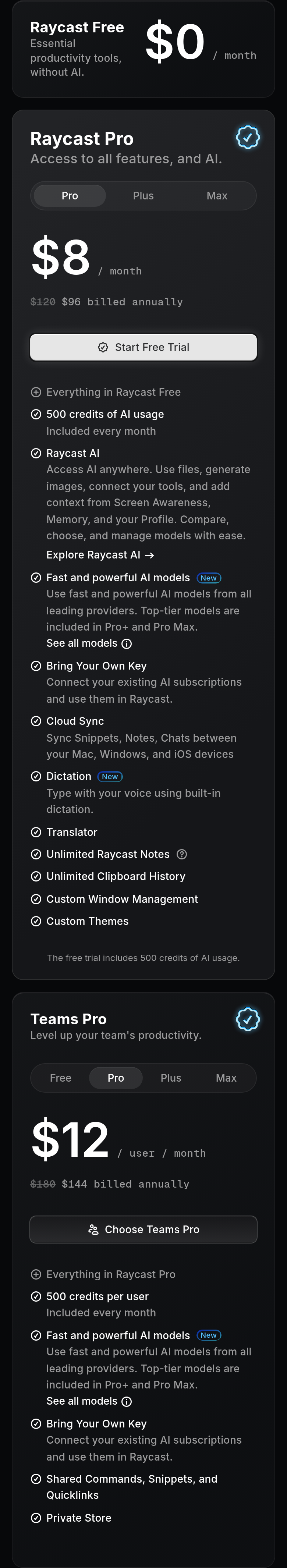 Free, Pro and Teams Pro Plans section from Raycast, on a phone
