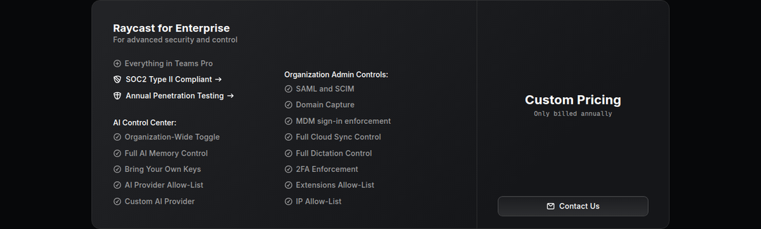 Raycast for Enterprise section from Raycast