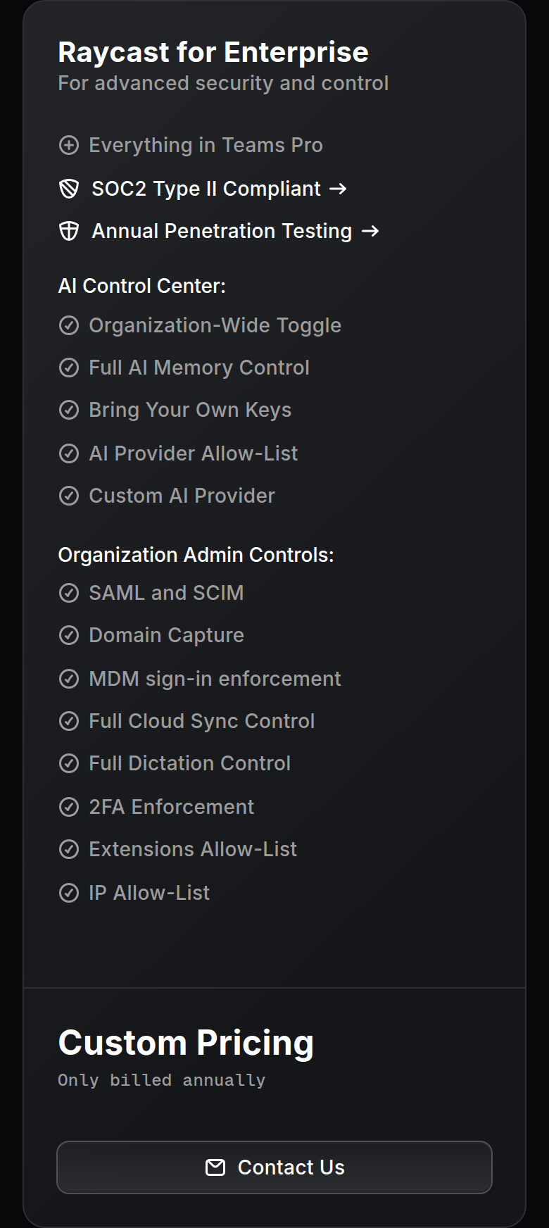 Raycast for Enterprise section from Raycast, on a phone