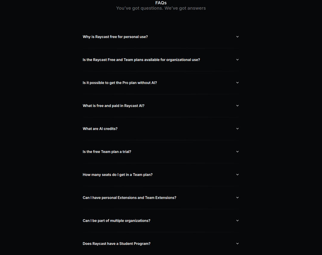 FAQs section from Raycast
