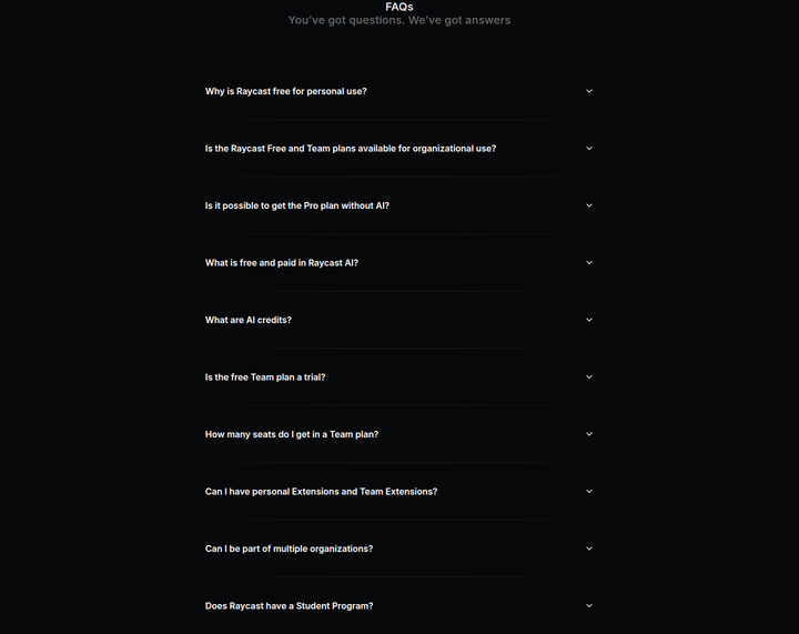 FAQs section from Raycast