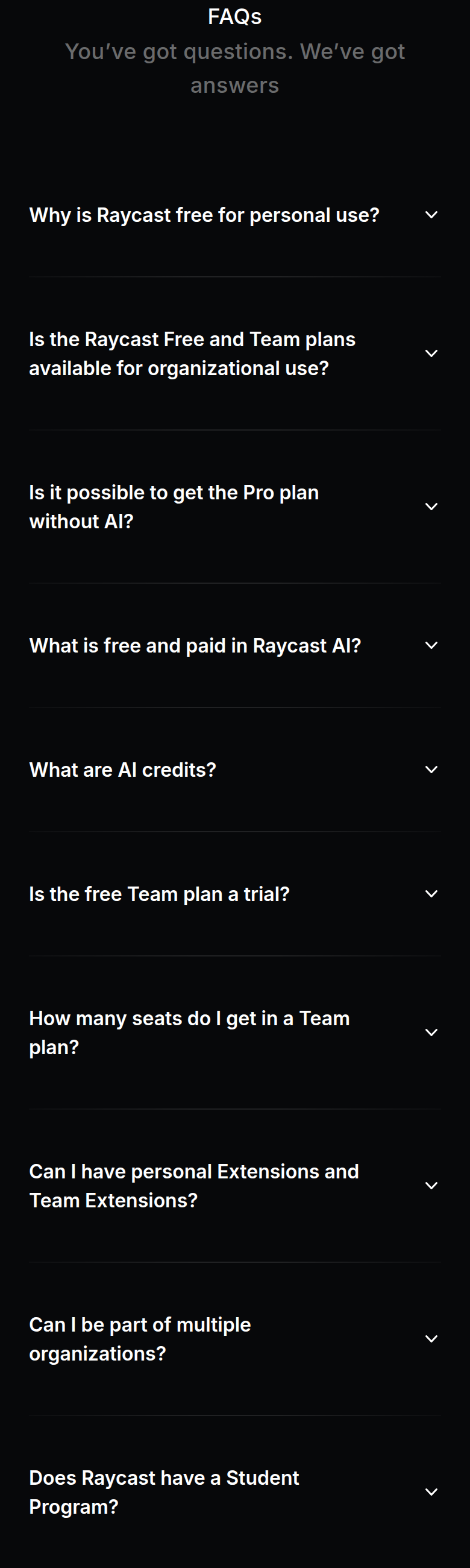 FAQs section from Raycast, on a phone