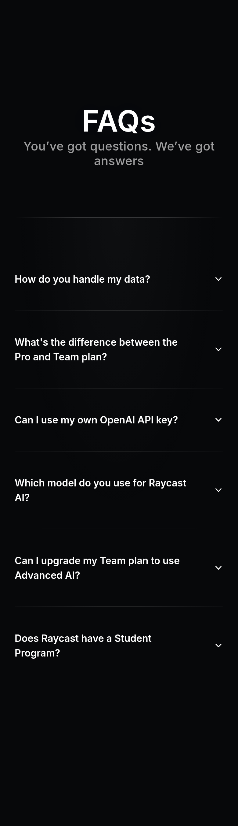 FAQs section from Raycast, on a phone