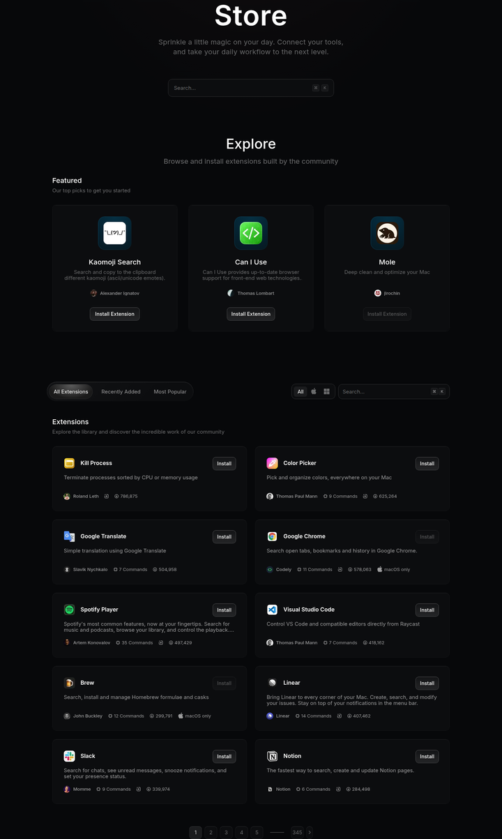 Explore Extensions section from Raycast