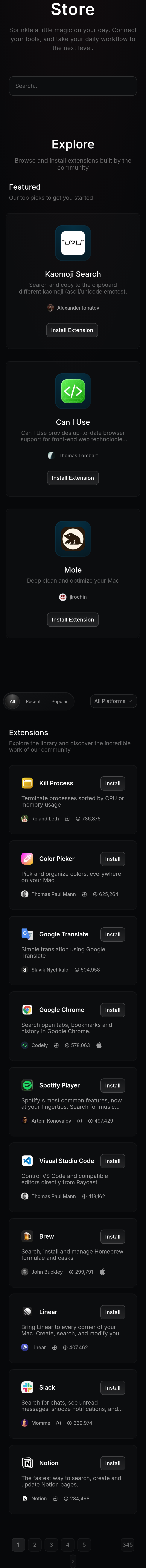 Explore Extensions section from Raycast, on a phone