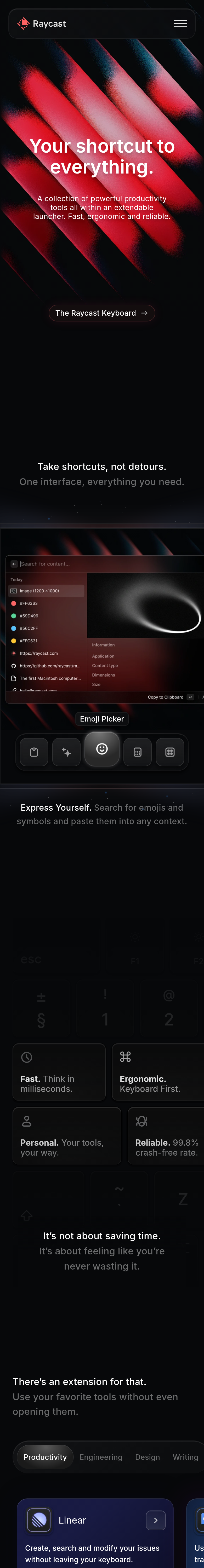 Home page of the Raycast website, on a phone