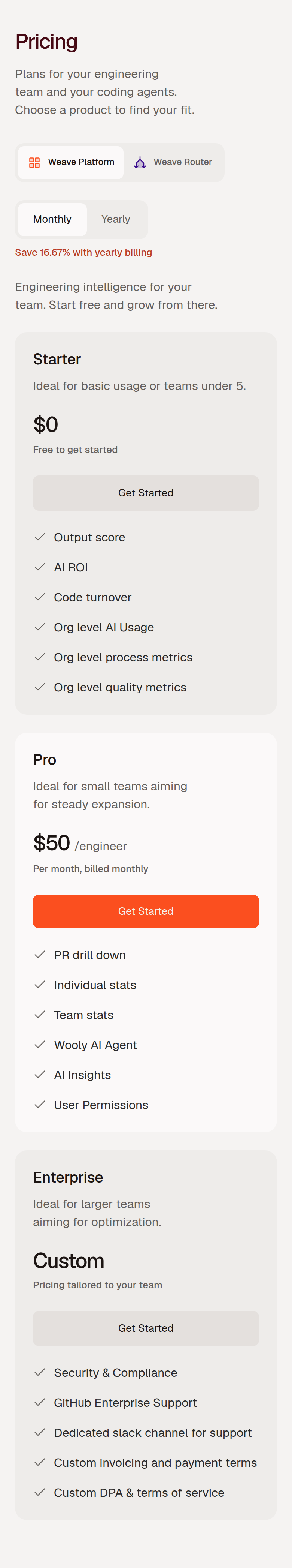 Plans for Your Engineering Team section from Weave, on a phone