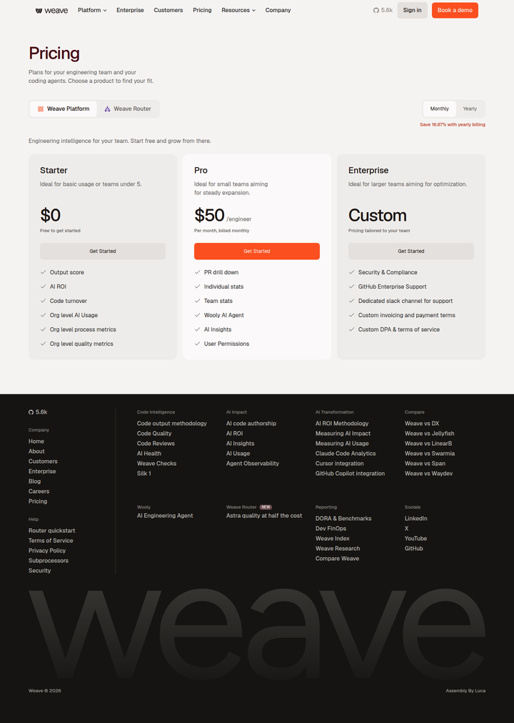 Pricing page from Weave