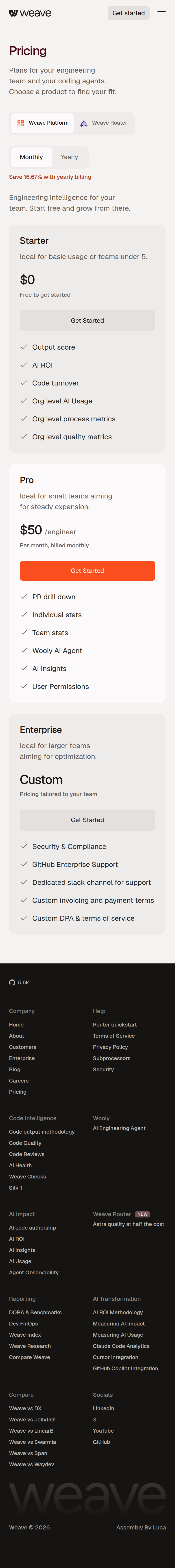 Pricing page of Weave, on a phone