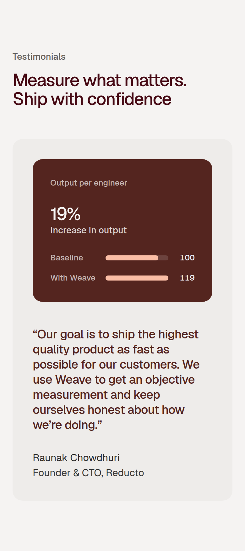 Measure What Matters. Ship with Confidence section from Weave, on a phone