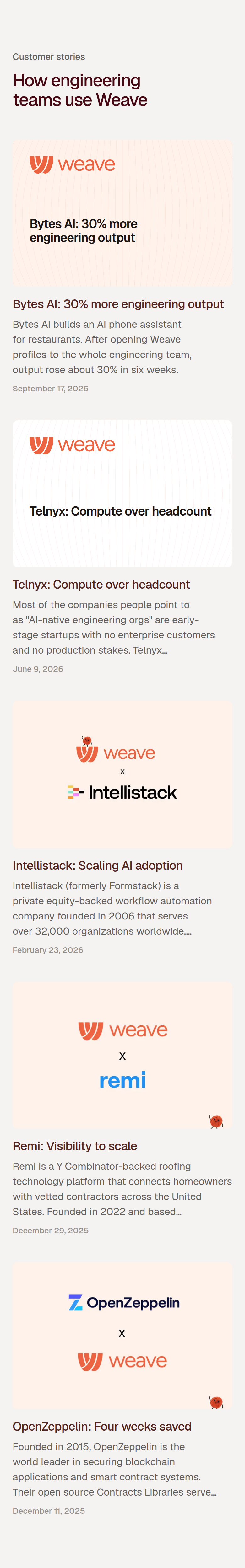 How Engineering Teams Use Weave section from Weave, on a phone