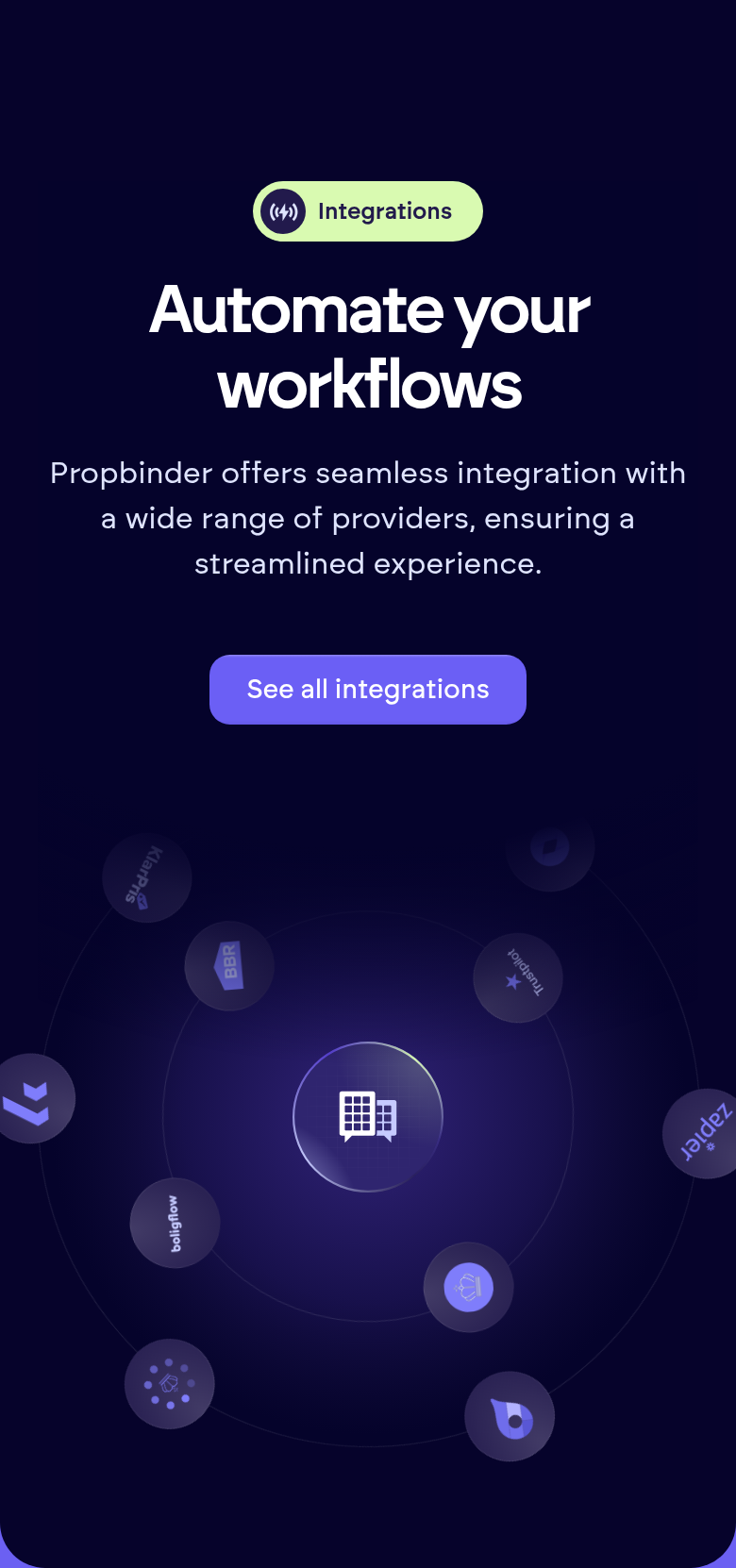 Automate Your Workflows section from Propbinder, on a phone