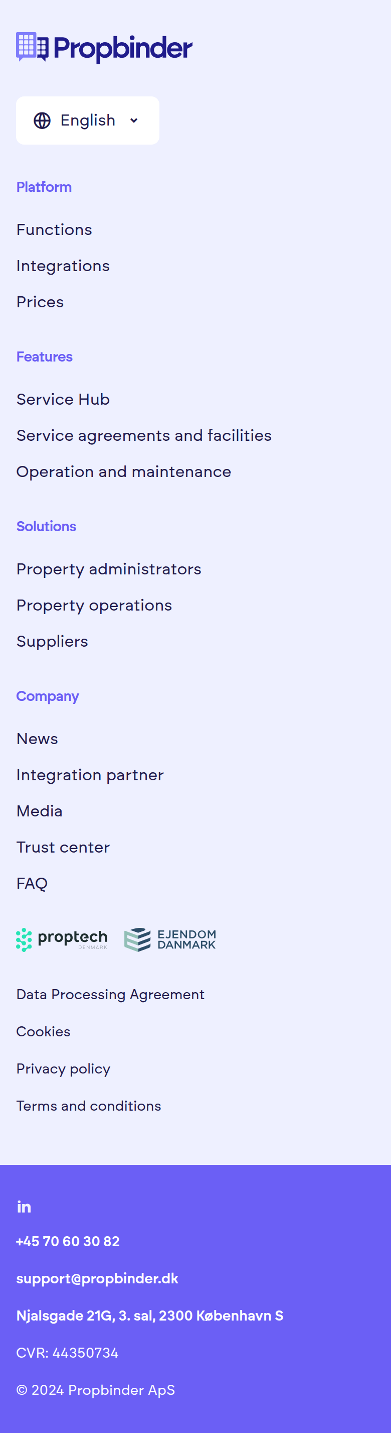 Footer section from Propbinder, on a phone