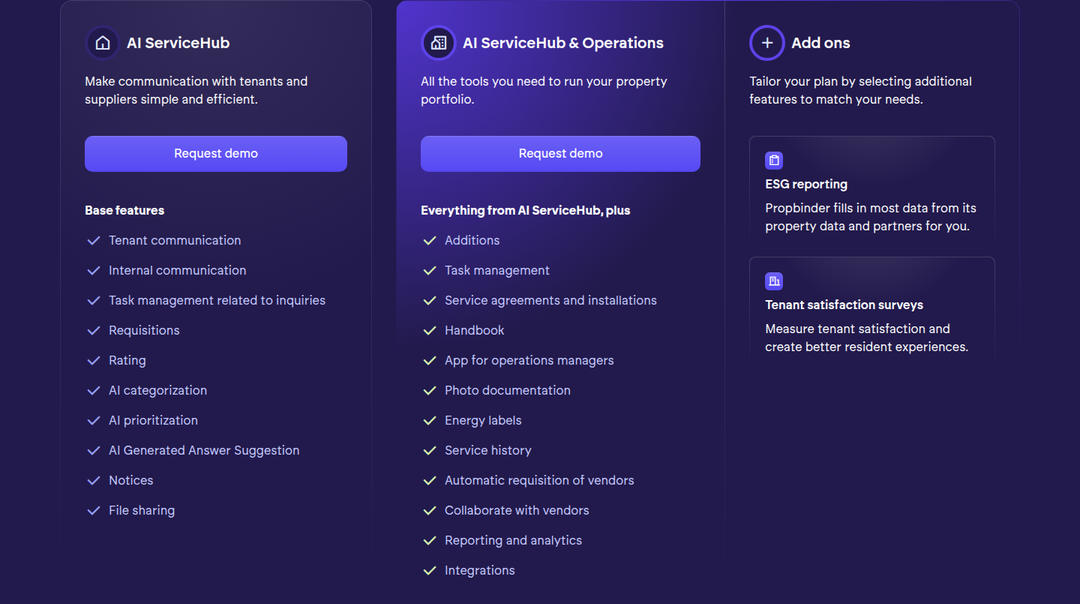 AI ServiceHub Plans and Add Ons section from Propbinder