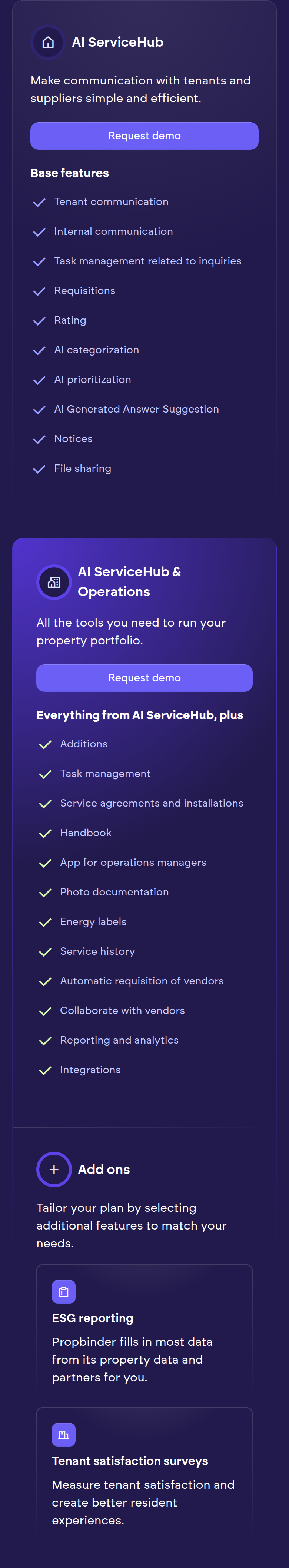 AI ServiceHub Plans and Add Ons section from Propbinder, on a phone