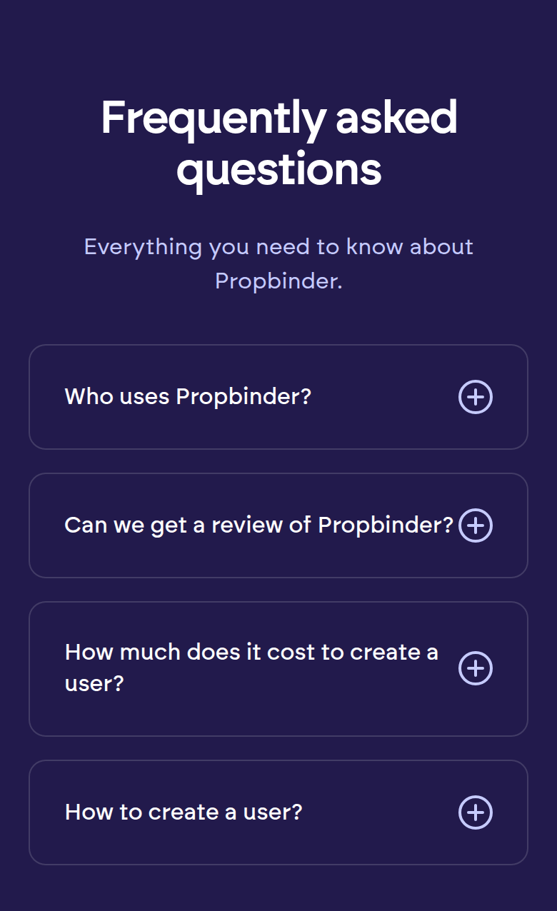 Frequently Asked Questions section from Propbinder, on a phone