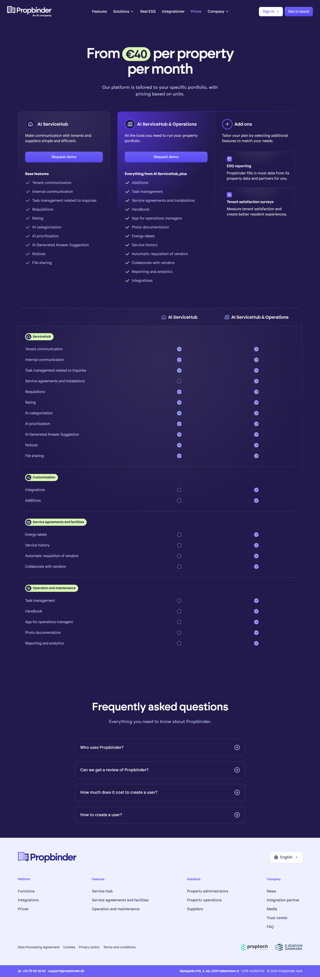 Pricing page of Propbinder
