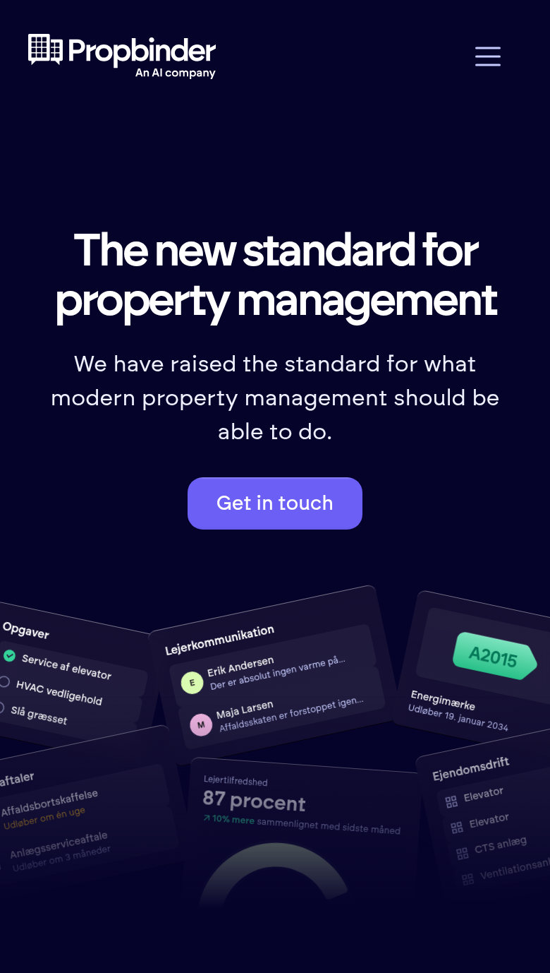 The New Standard for Property Management section from Propbinder, on a phone