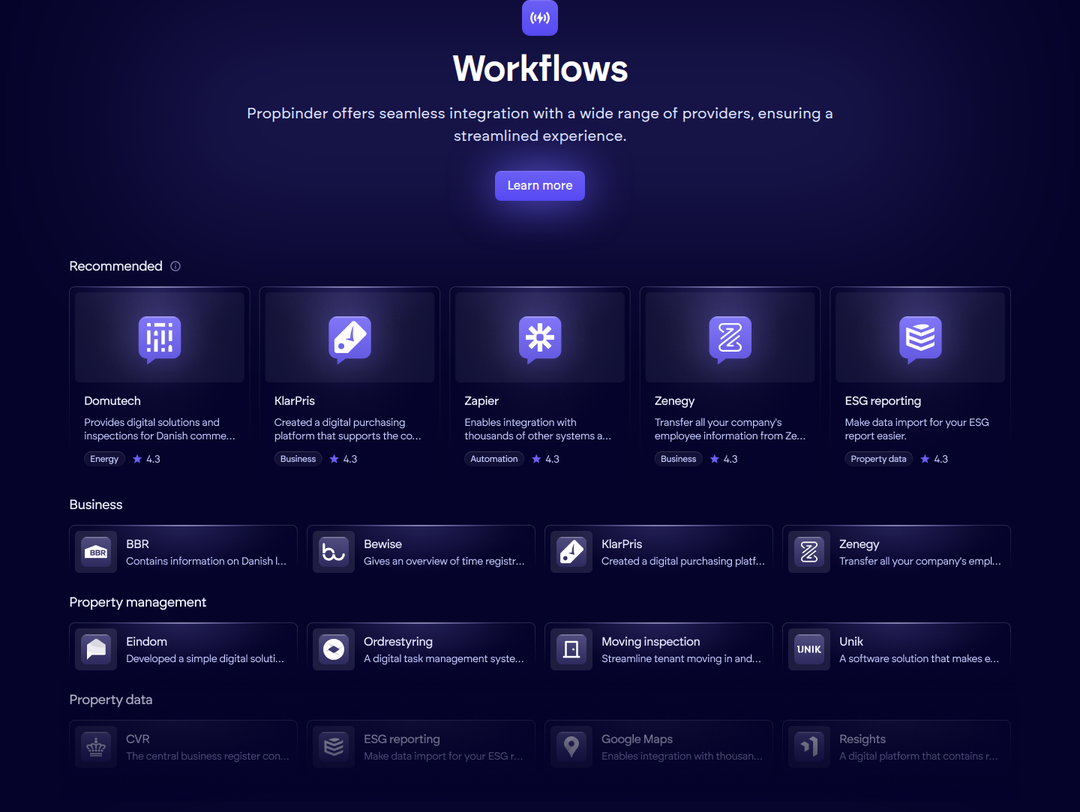 Workflows section from Propbinder