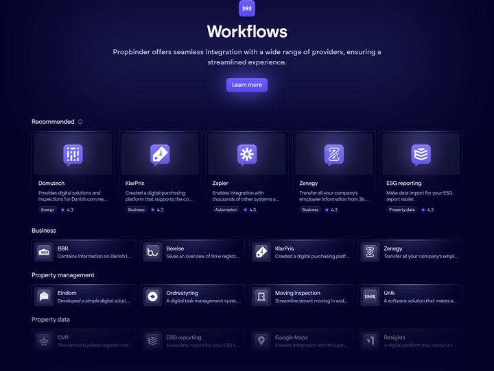 Workflows section from Propbinder