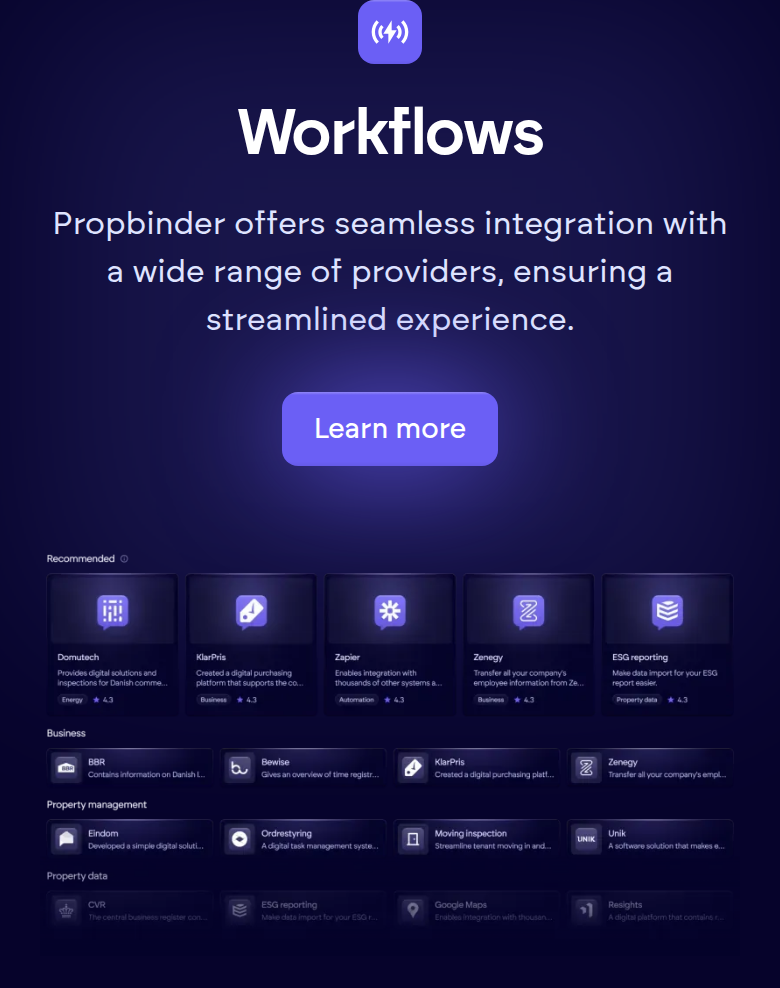Workflows section from Propbinder, on a phone
