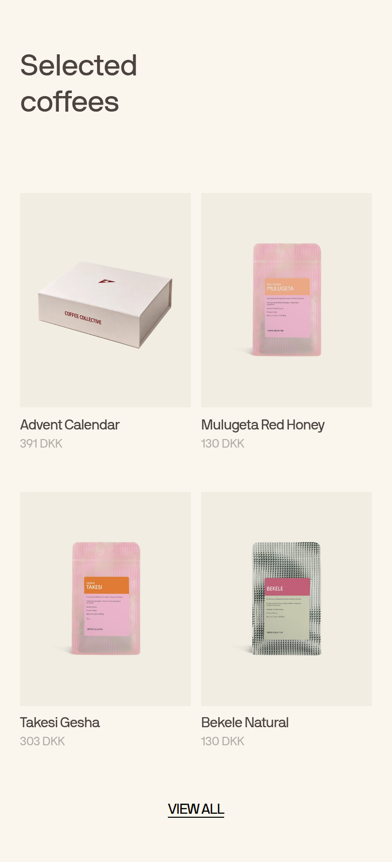 Selected Coffees section from Coffee Collective, on a phone