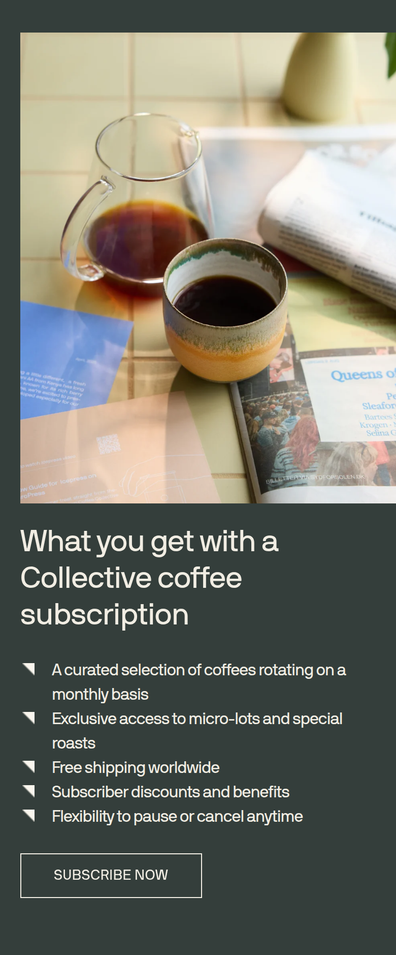 What You Get with a Subscription section from Coffee Collective, on a phone