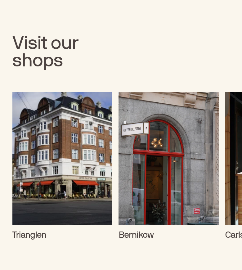 Visit Our Shops section from Coffee Collective, on a phone