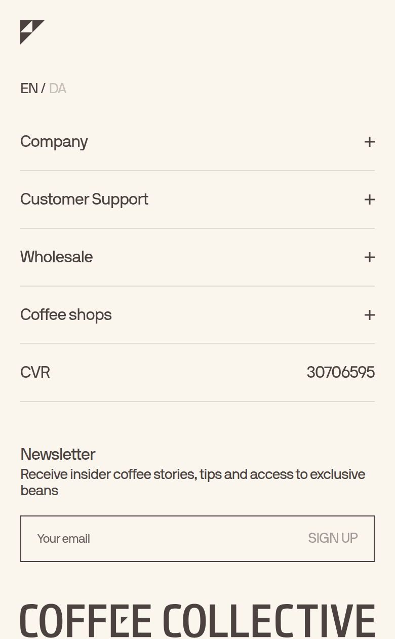 Footer section from Coffee Collective, on a phone